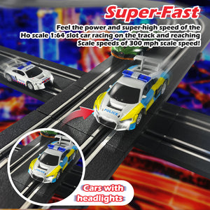 AGM MASTECH  Slot-Car-Race-Track-Sets for Boys Kids, Battery or Electric Race Car Track with 4 High-Speed Slot Cars, Dual Racing Game 2 Hand Controllers Circular Overpass Track.