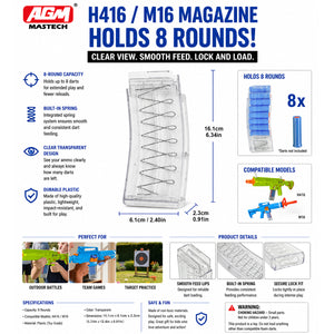 H416 / M16 Transparent 8-Round Magazine (2-Pack) – Built-In Spring Foam Dart Toy Magazine
