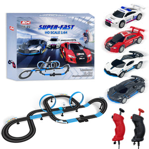 AGM MASTECH  Tram double track set, 8.4 meters of electric track with 4 officially licensed racing cars, comes with 2 hand controls, track parts and a lap counter.